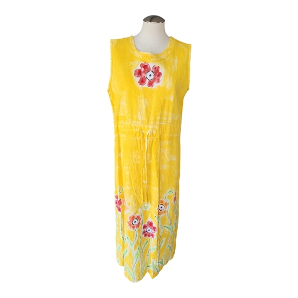 VTG 90s Campers Handpainted Floral Yellow Long Maxi Dress Flowers Teacher - Picture 3 of 12